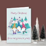 From our Gnome to Yours Cute Funny Merry Christmas Holiday Card<br><div class="desc">Funny holiday card with colorful gnome design and editable wording. The design features cute gnomes in a forest of decorated christmas trees with whimsical typography. The wording reads "merry christmas from our gnome to yours" and you can edit this as you wish. You can also edit the christmas greeting inside...</div>