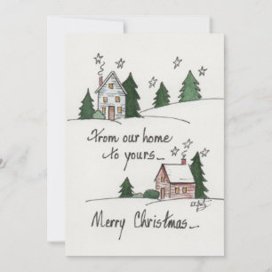 “From Our Home” Greeting Vintage Homes Watercolor  Holiday Card