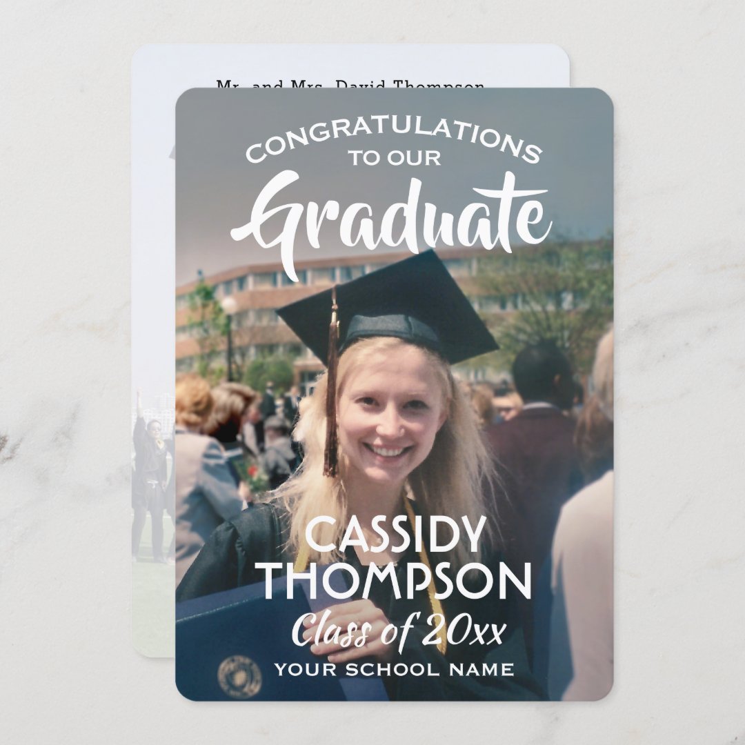 From Parents 2 Photo White Text Overlay Graduation Announcement | Zazzle