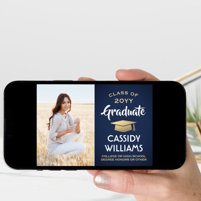 From Parents One Photo Navy Blue & Gold Graduation Announcement (Front Digital)