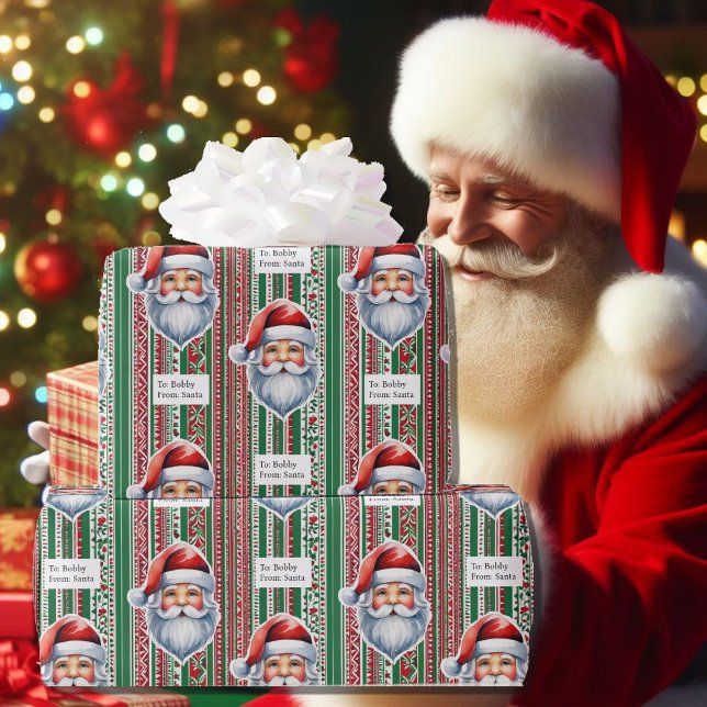 From Santa Child's Name Cute Red & Green Pattern Wrapping Paper (Creator Uploaded)