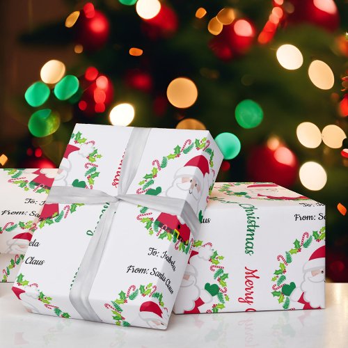 From Santa Claus Add Kids Name Christmas Wreath  Wrapping Paper