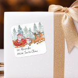 From Santa Claus Kids Christmas Square Sticker<br><div class="desc">Kids father christmas stickers featuring a minimilist white background,  elegant watercolor pine trees,  santa claus with his reindeers,  snowfall,  and a text template for you to personalize.</div>