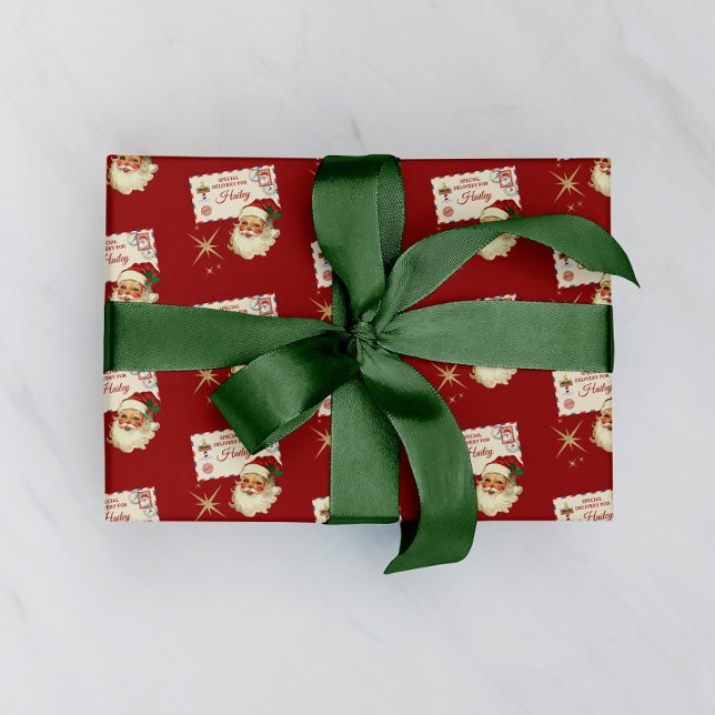 From Santa Delivery For Custom Name Christmas  Wrapping Paper (from santa wrap, santa delivery, personalized christmas wrap, custom name wrapping, holiday gift wra)