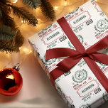 From Santa Delivery For (Custom Name) Christmas Wrapping Paper<br><div class="desc">This festive Christmas gift wrapping paper features a charming pattern of stamp-like designs, perfect for adding a personalized touch to your holiday presents. The central motif is a round stamp with the words “SANTA EXPRESS” and “NORTH POLE, ” encircling a reindeer silhouette, all in a rich dark forest green. Surrounding...</div>