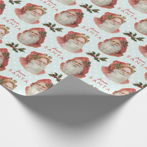 From Santa Vintage Christmas Holly Blue White Dots Wrapping Paper