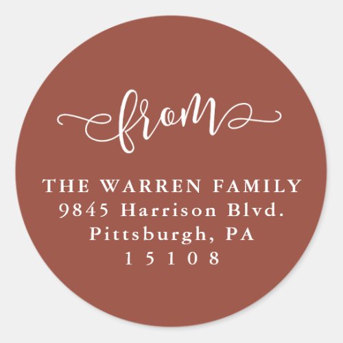 From script classic terracotta return address classic round sticker