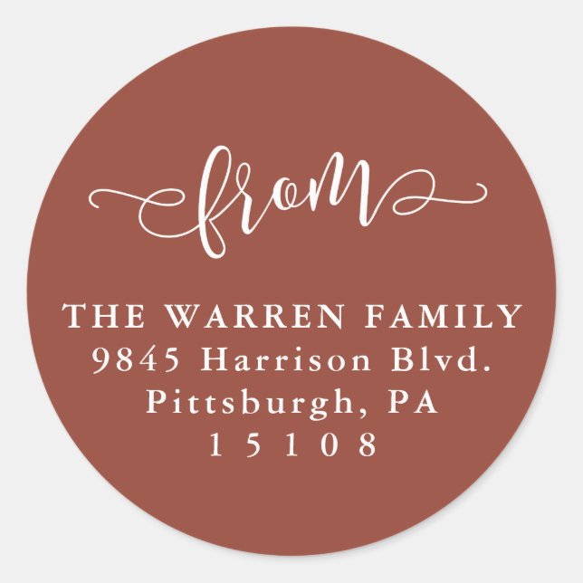 From script classic terracotta return address round sticker (Front)