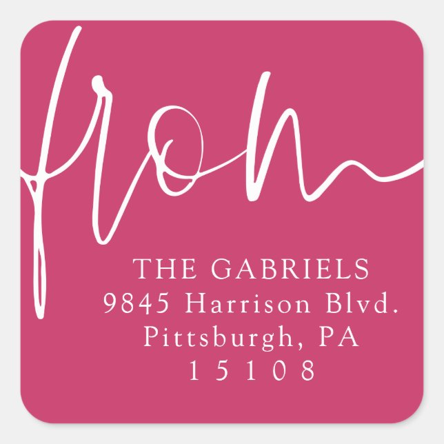 From script modern bold pink return address square sticker (Front)