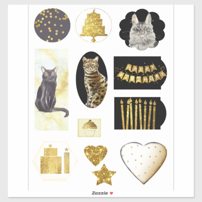 From the Cat Fancy Gold Glitter Look Birthday  Sticker (Sheet)