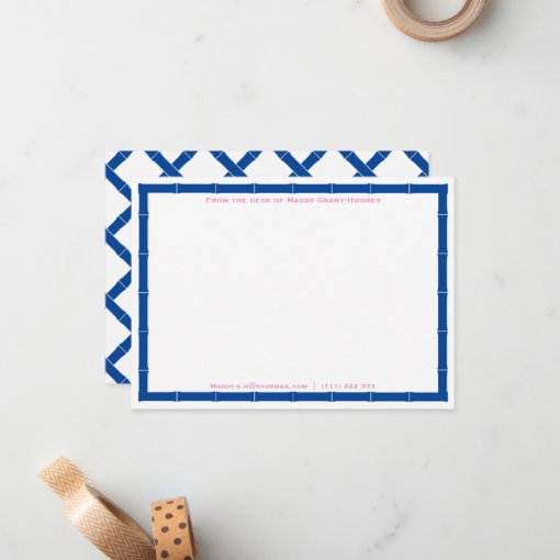 From The Desk Of Chic Blue And White Bamboo Frame Note Card | Zazzle