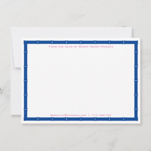 From The Desk Of Chic Blue And White Bamboo Frame Note Card