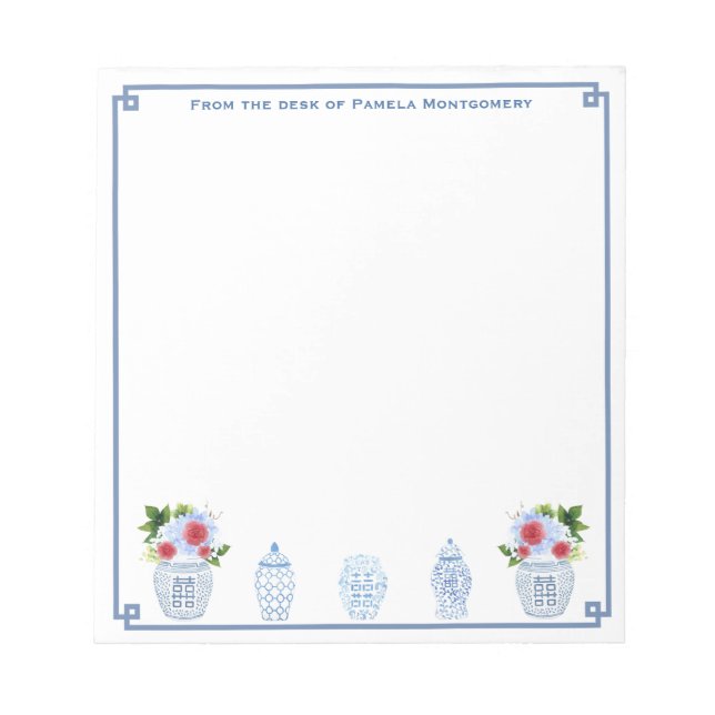 From The Desk Of | Chinoiserie Chic Red White Blue Notepad (Front)