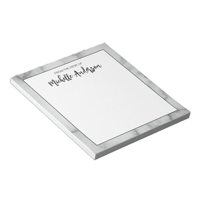 From the Desk of Faux White Marble Name Elegant Notepad (Angled)