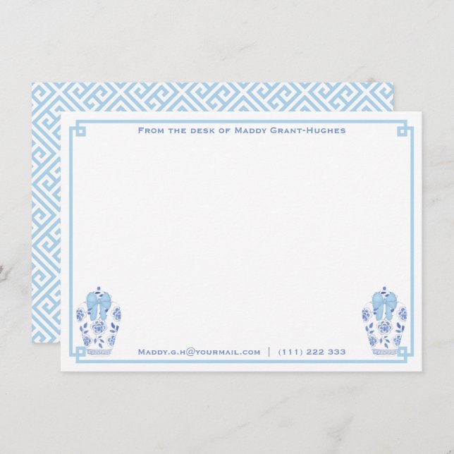 From The Desk Of | Ginger Jar Blue Bow Greek Key  Note Card (Front/Back)