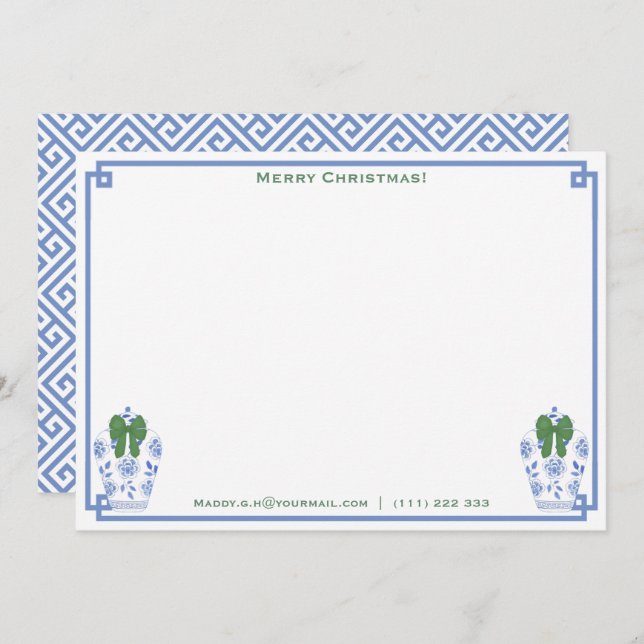 From The Desk Of | Green Bow Ginger Jar Christmas Note Card (Front/Back)