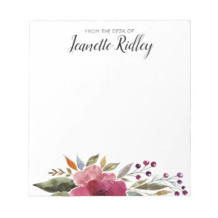 From The Desk Of Modern Burgund Watercolor Flowers Notepad