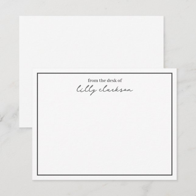 From The Desk Of Monogram Script Border BlackWhite Note Card (Front/Back)