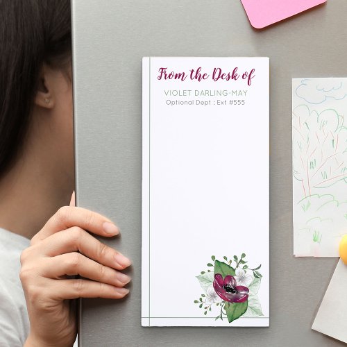 From the Desk of NAME Magenta Watercolor Floral Magnetic Notepad