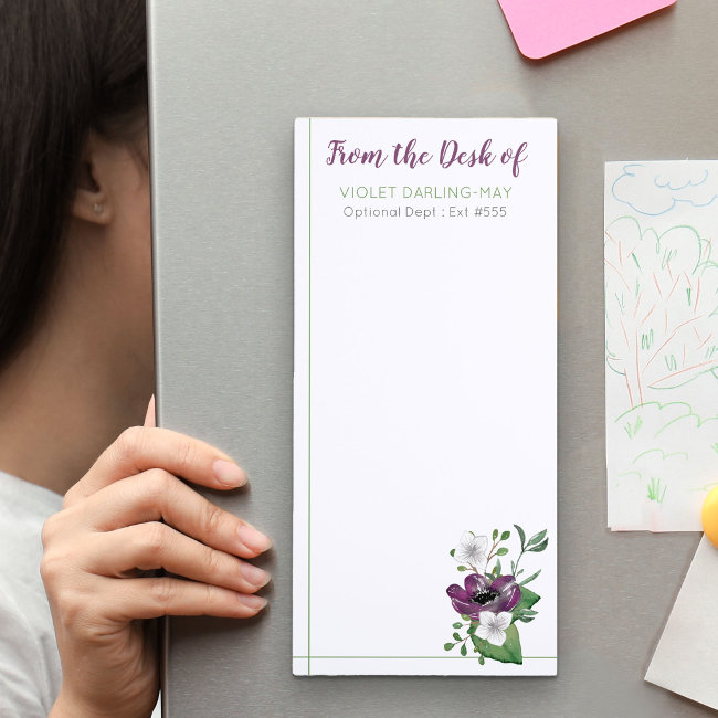 From the Desk of NAME Purple Watercolor Floral Magnetic Notepad