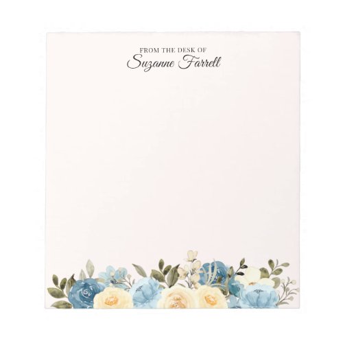 From the Desk of Name Watercolor Blue Floral Light Notepad
