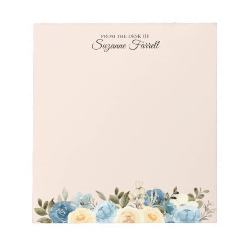 From the Desk of Name Watercolor Blue Floral Peach Notepad