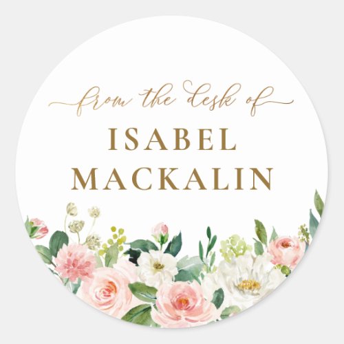 From The Desk Of Pale Blush Pink Floral Botanical Classic Round Sticker