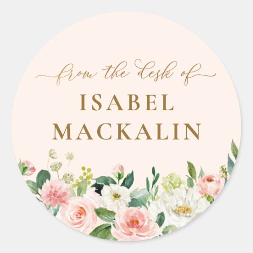 From The Desk Of Pale Blush Pink Floral Classic Round Sticker