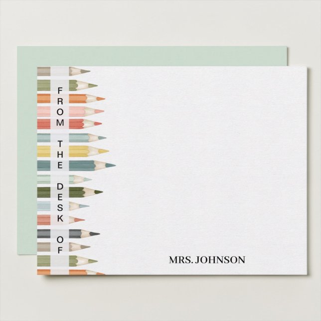 From the Desk of Personalized Teacher Stationery Note Card (colorful pencil border teacher note card with custom name)