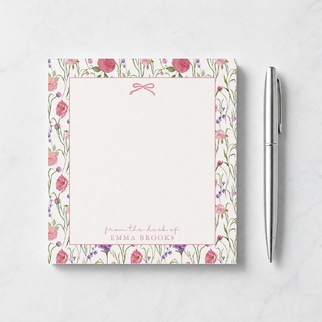 From the desk of, Pink bow, floral background Notepad (Creator Uploaded)