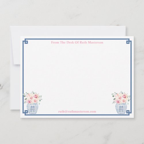 From The Desk Of Preppy Navy And Blush Roses Party Thank You Card