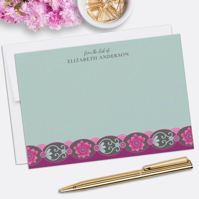 From the Desk of Pretty Teal Floral Note Card (Elegant teal floral personalized note cards. Personalize them with your name.)