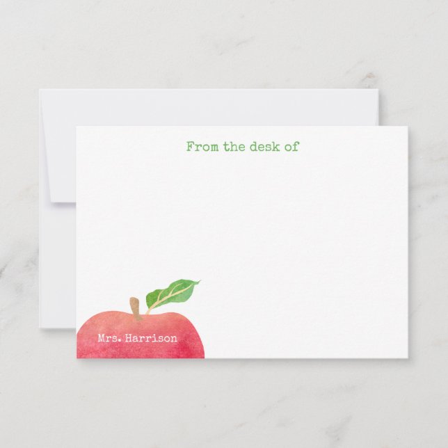 From The Desk of Teacher Red Apple Personalized Note Card (Front)