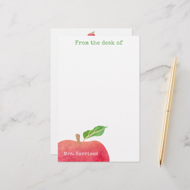 From The Desk of Teacher Red Apple Personalized Stationery (Front/Back In Situ)