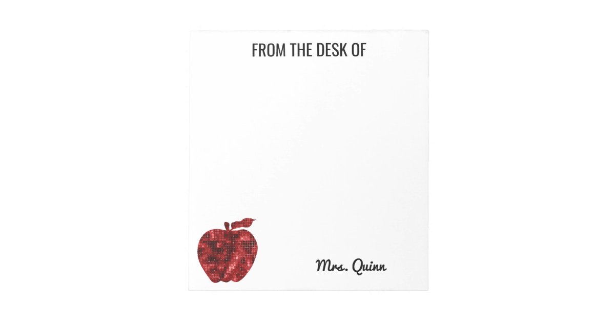 From The Desk of Teacher Red Sequin Apple Simple Notepad | Zazzle
