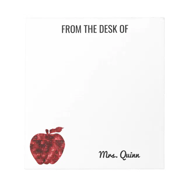 From The Desk of Teacher Red Sequin Apple Simple Notepad | Zazzle