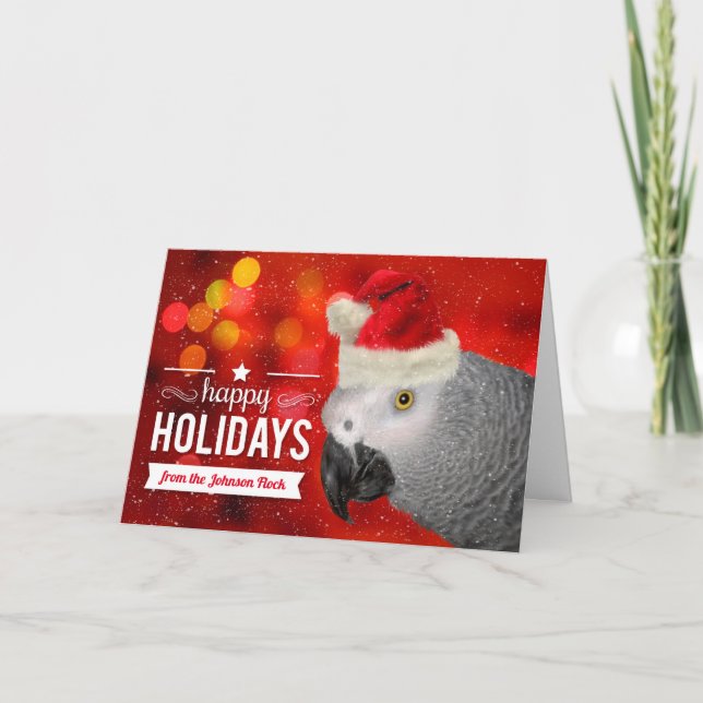 from the Flock Christmas African Gray Parrot Holiday Card (Front)