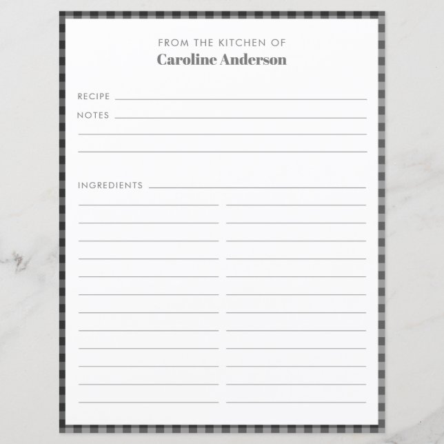 From The Kitchen | Black Gray Plaid Recipe Page (Front)