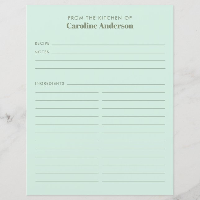 From The Kitchen Cute Mint Sage Recipe Insert (Front)
