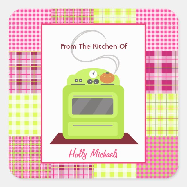 From The Kitchen Of...Bright Green Stove & Plaid Square Sticker (Front)