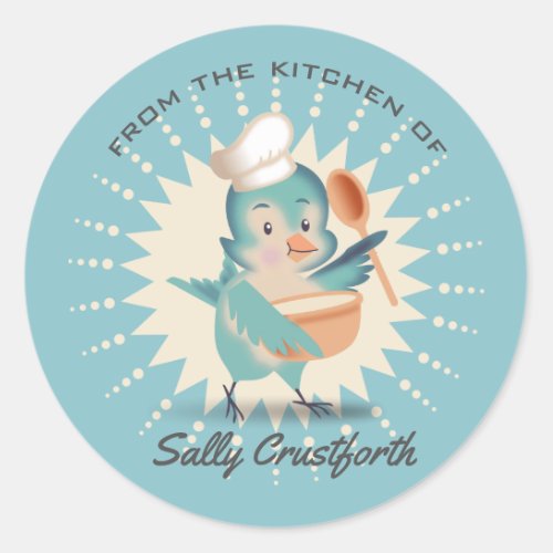 From the kitchen of cute bird chef mixing bowl classic round sticker