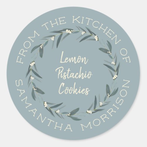 From The Kitchen Of  Eucalyptus Wreath Dusty Blue Classic Round Sticker