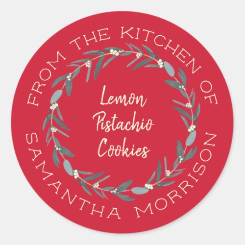 From The Kitchen Of  Eucalyptus Wreath on Red Classic Round Sticker