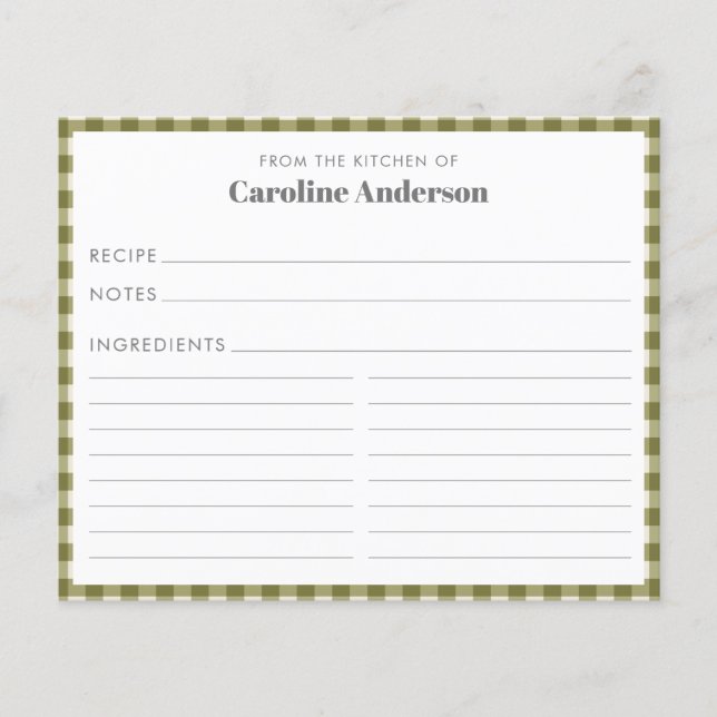 From The Kitchen of Olive Green Plaid Recipe Card  (Front)