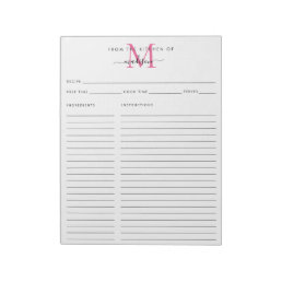 From the Kitchen Of Pink Monogram Recipe Sheet Notepad