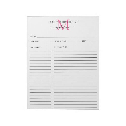 From the Kitchen Of Pink Monogram Recipe Sheet Notepad