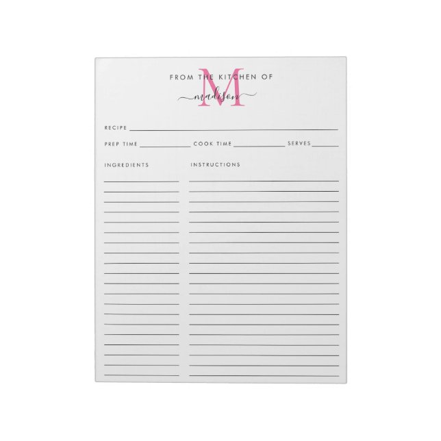 From the Kitchen Of Pink Monogram Recipe Sheet Notepad (Rotated)