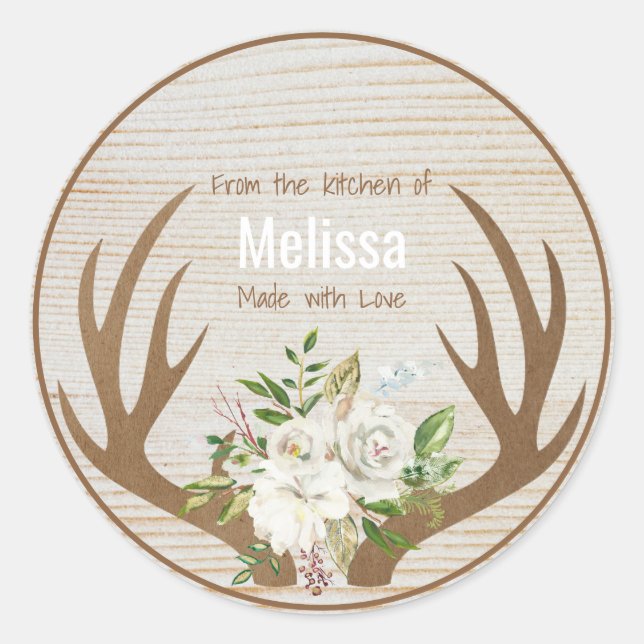 From the Kitchen of Wood Boho Floral Antlers Classic Round Sticker (Front)