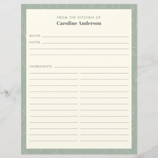 From The Kitchen | Sage Green Floral Recipe Page (Front)