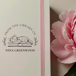 From the Library Of   Cat on Book & Elegant Leaves Rubber Stamp